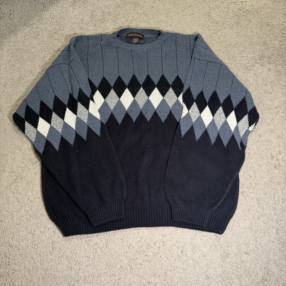 Liberty‎ Sweaters Argyle V-Neck Sweater Adult XL Blue Heavyweight Cotton Knit